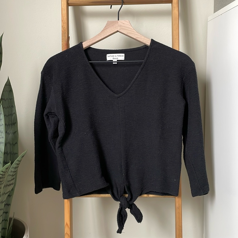 Madewell Texture & Thread Long Sleeve Tie Front Top in Black